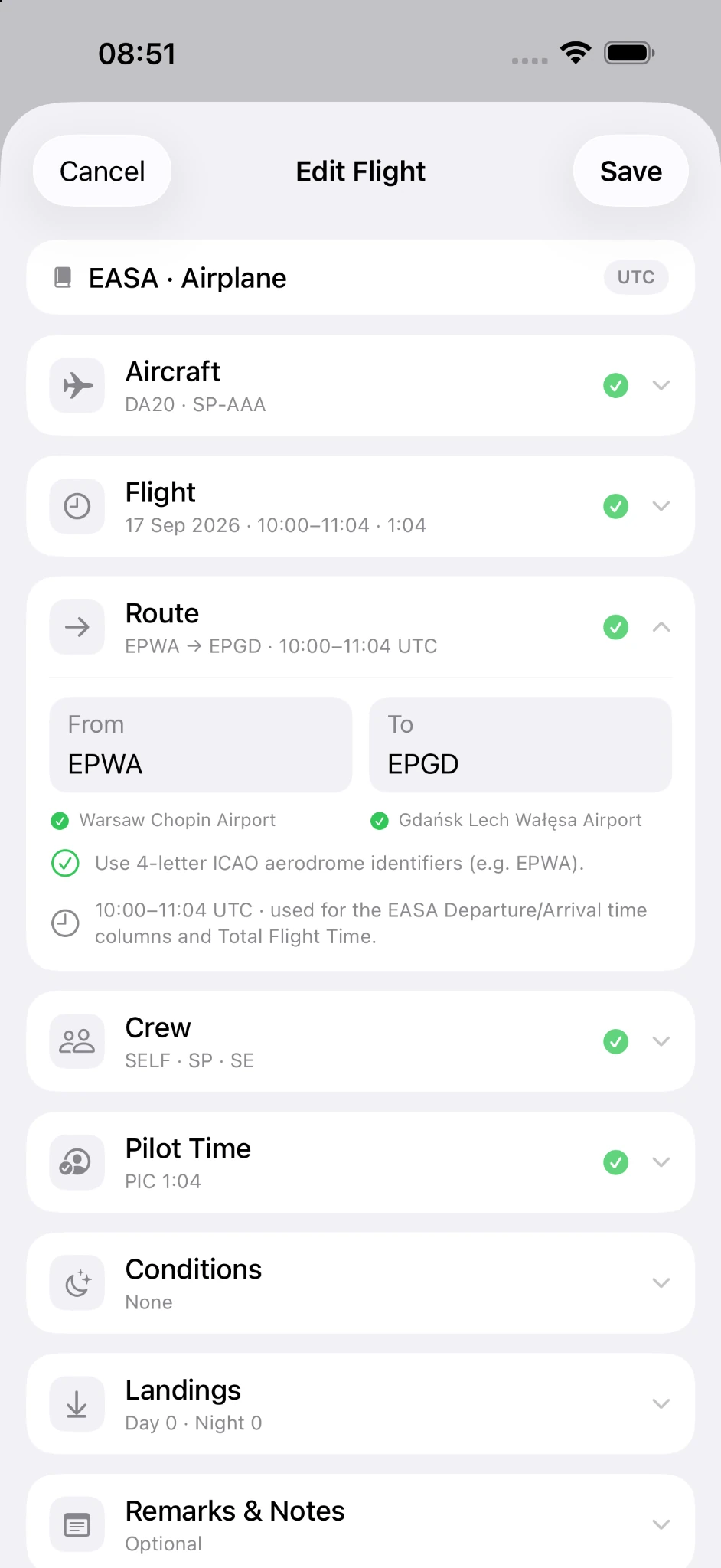 Editing a flight in PilotTrack