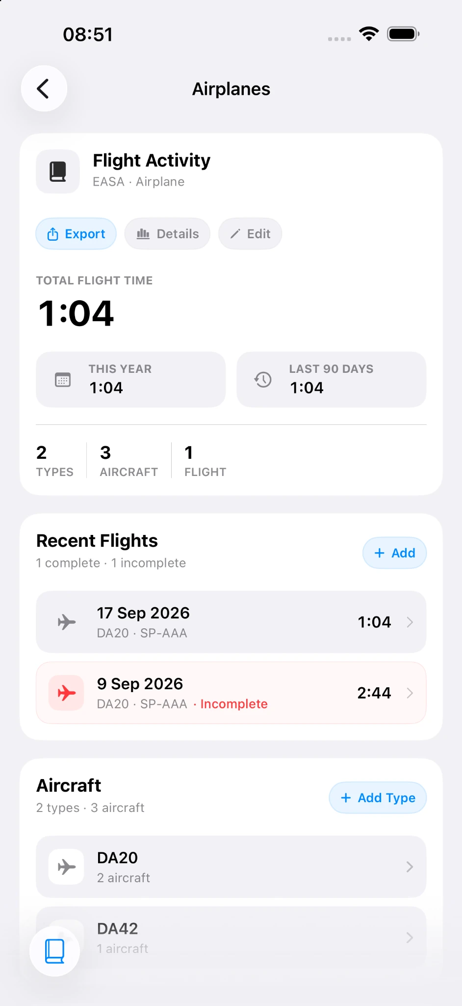 PilotTrack flight activity and recent flights