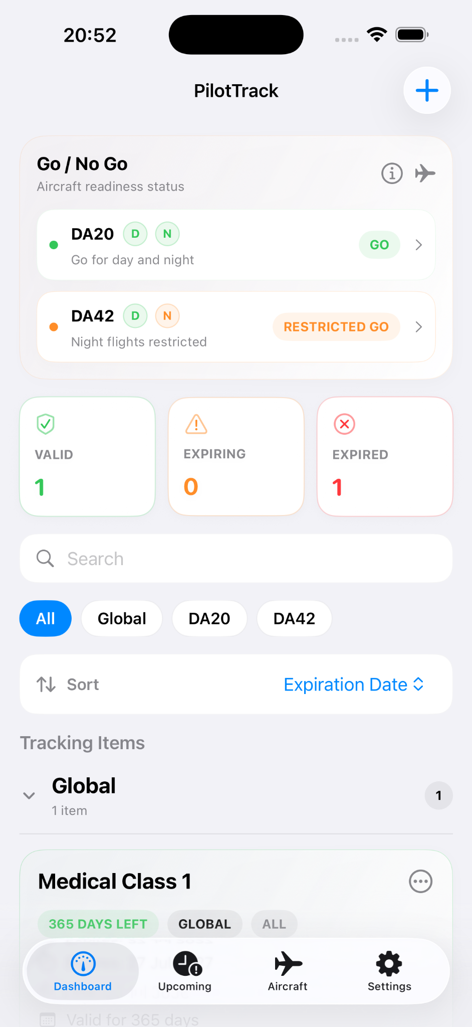 PilotTrack dashboard showing Go, Restricted Go, validity and expiry statuses